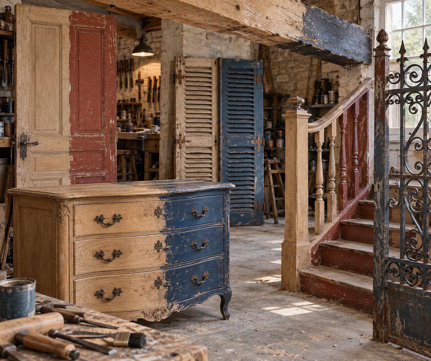Atelier avec une commode à moitié décapée, des volets, un escalier et un portail en fer forgé à traiter
