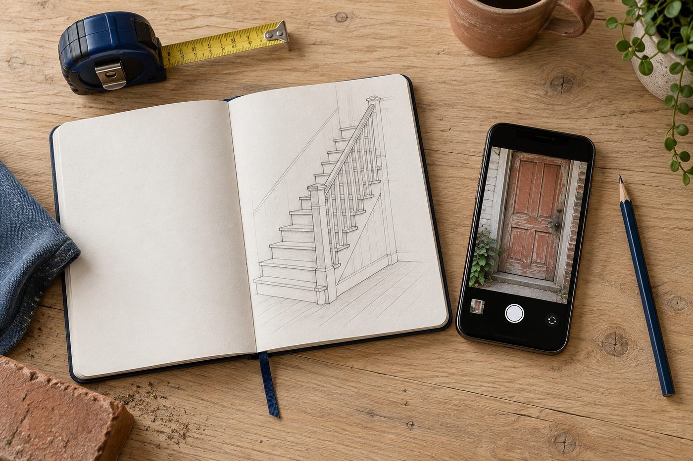 Mètre ruban, carnet avec croquis d'escalier et photo d'une porte sur un téléphone, posés sur une table en chêne